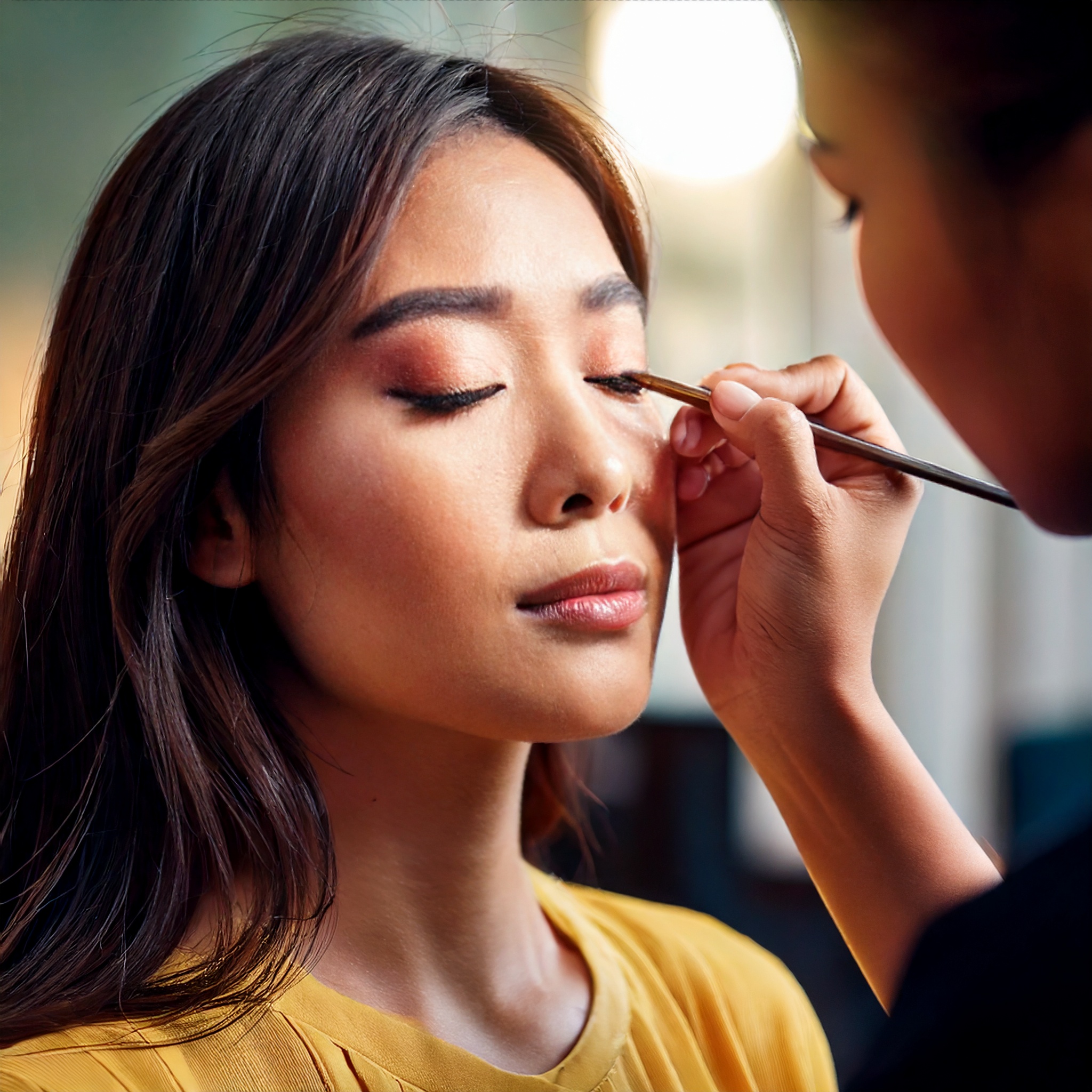 Firefly asian woman getting professional makeup done by a professional makeup artist doing eyeliner