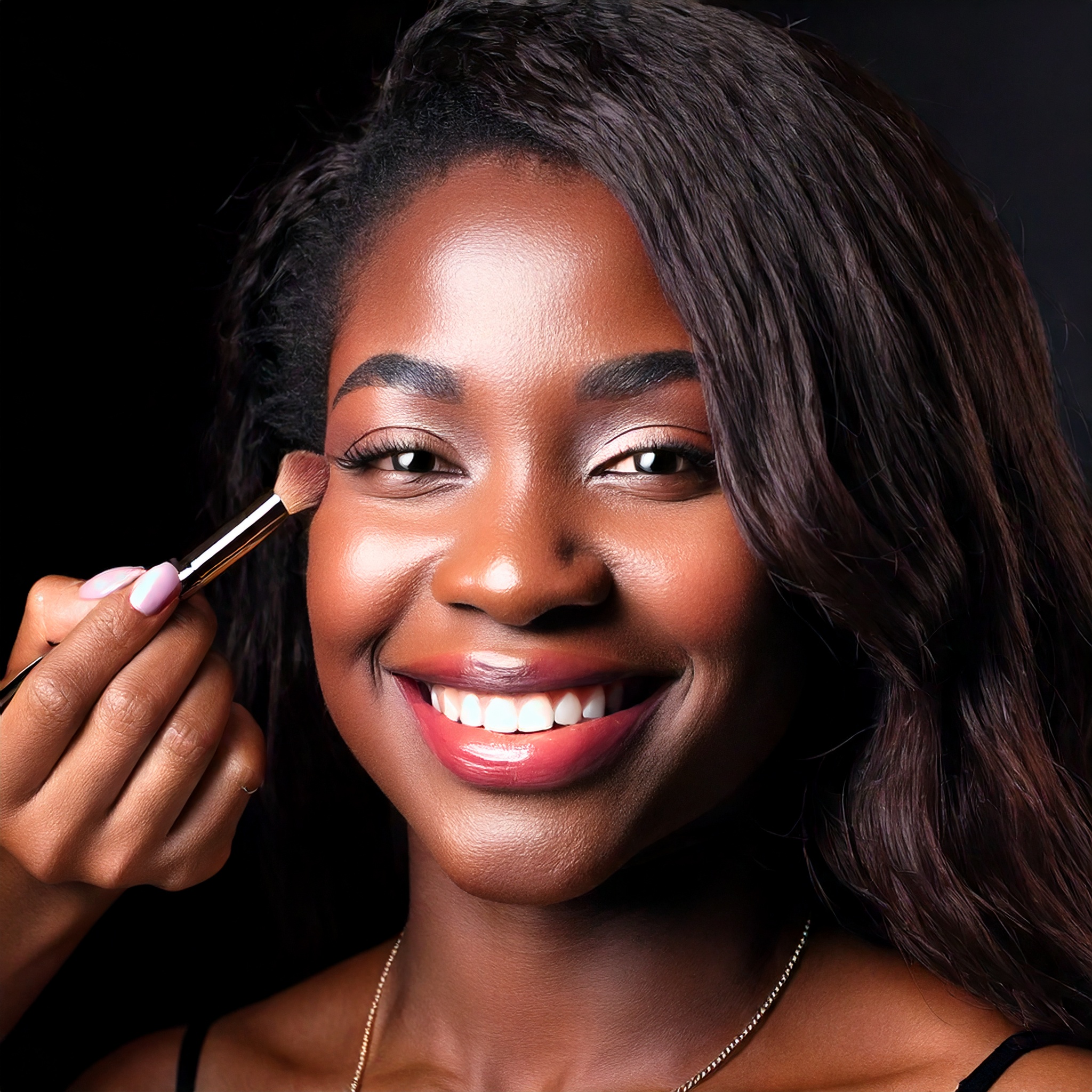 Firefly black woman getting makeup done at a salon looking at camera professional with a smile 48585