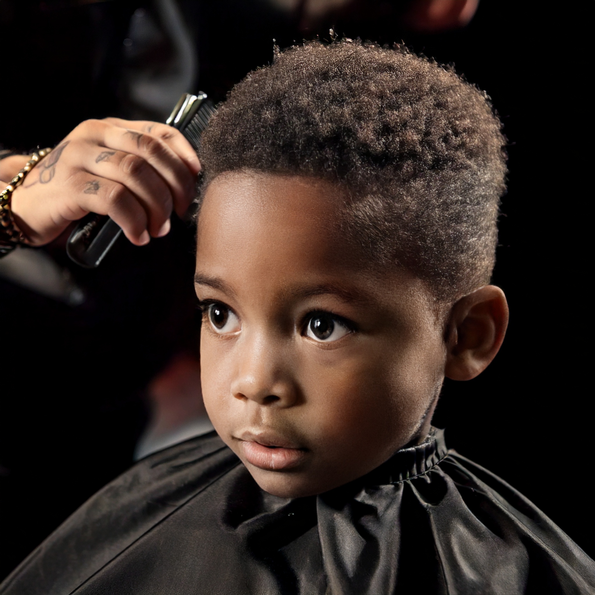 Firefly cute black boy at a barber shop with a clean fade hair style getting hair done 92993